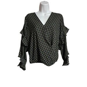 Max Studio Womens Black Floral Print Ruffle Long-Sleeve Blouse XS Faux Wrap Crop